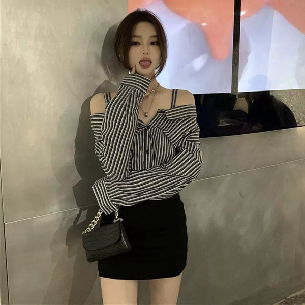 Trend Sheath  Off-The-Shoulder Striped Shirt - TrendsetterbyTracy Boutique