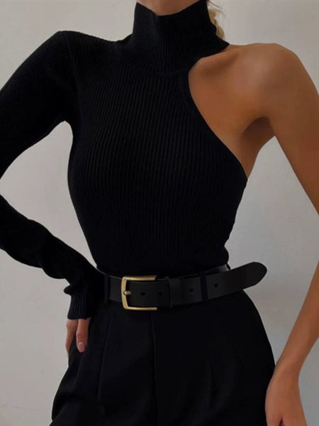 Trendy Black One Sleeve Turtleneck Blouse - TrendsetterbyTracy Boutique