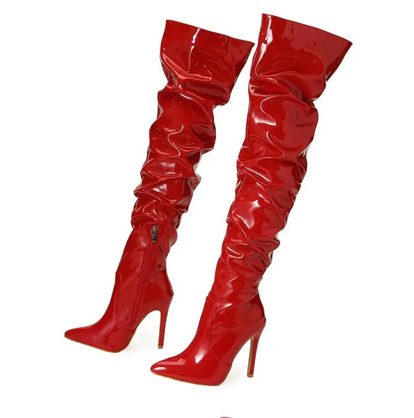 Trendy Over Knee Pleated Patent Leather High  Heel Boots - TrendsetterbyTracy Boutique
