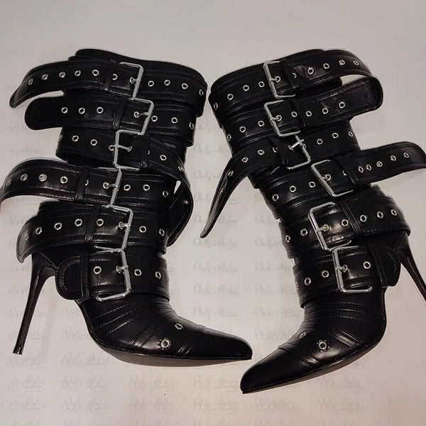 Trendy Pointed Toe Mid-Calf Buckle Strap Heel Boots - TrendsetterbyTracy Boutique