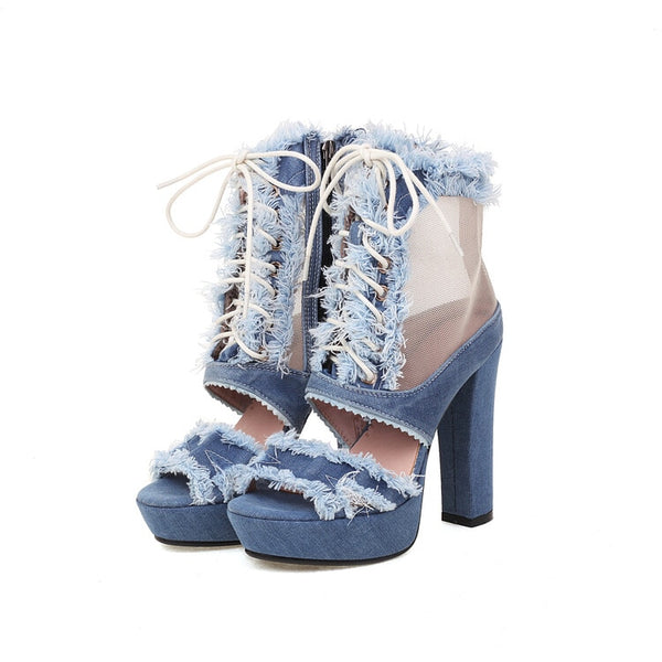 Trendy Gladiator Floral Lace Denim High Heels - TrendsetterbyTracy Boutique