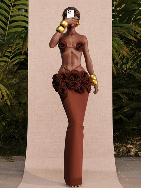 Trendy Backless Halter Top Floral Fabric Bandage Skirt Set