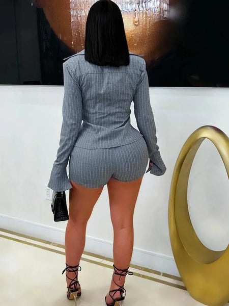 Trendy Pin Striped Lace Up Blouse And Shorts Set