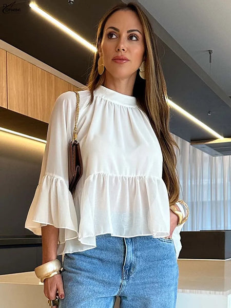 Trendy Off White Puff Sleeve Blouse