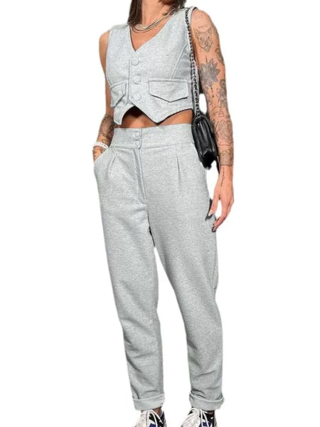 Trendy Casual Single Breasted White Vest And Pants Set