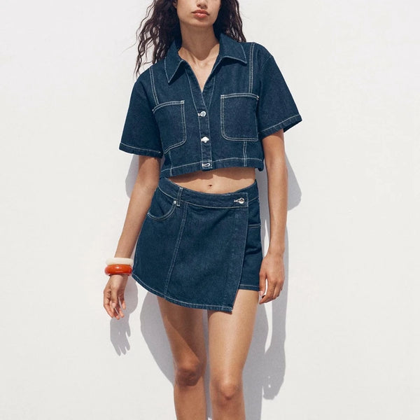 Trendy Denim Scooter Skirt  With Retro Crop Top