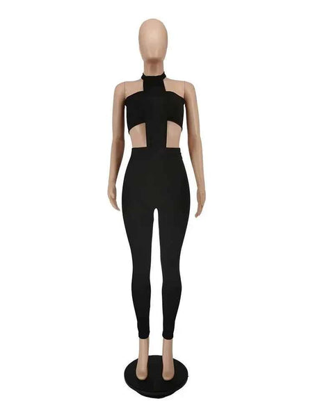 Weird Puss Sexy Backless 2 Piece Set Women Stretch Tube Top+Skinny Halter Jumpsuit Fitness Street Matching Party Club Overalls