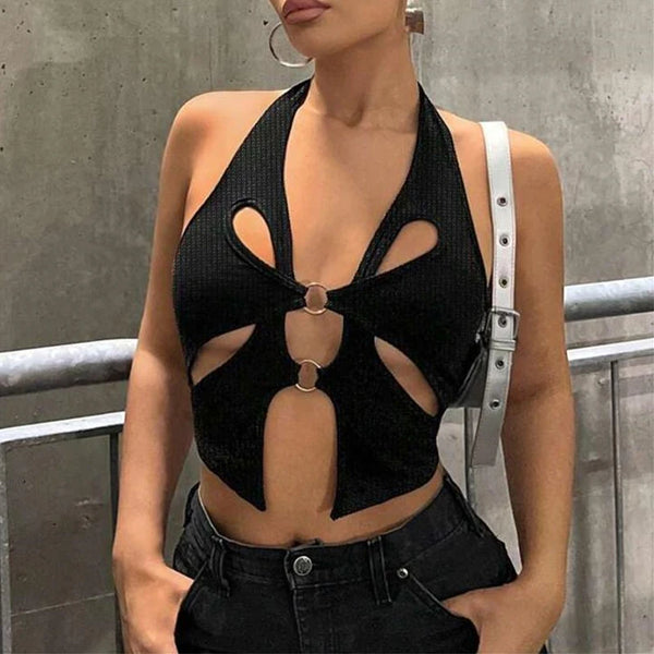 Trendy Hollow Out Black Crop Top