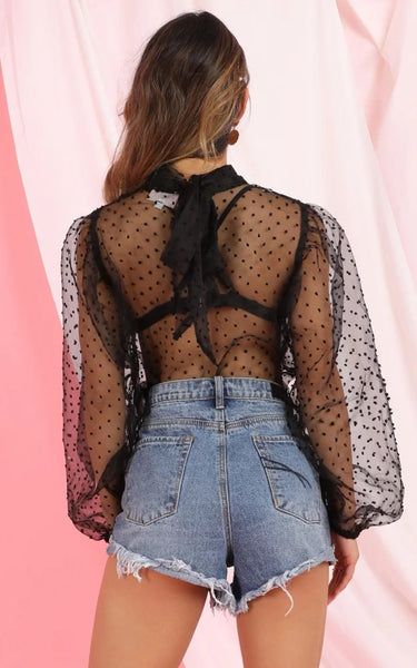 Trendy Mesh Lace Puff Polka Dot Blouse