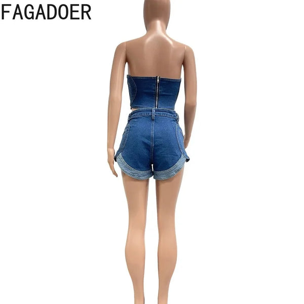 Trendy Denim Heart Bra Corset With Matching Shorts