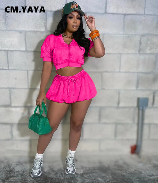 Trendy Short Crop Top Jacket With Lantern Mini Skirt