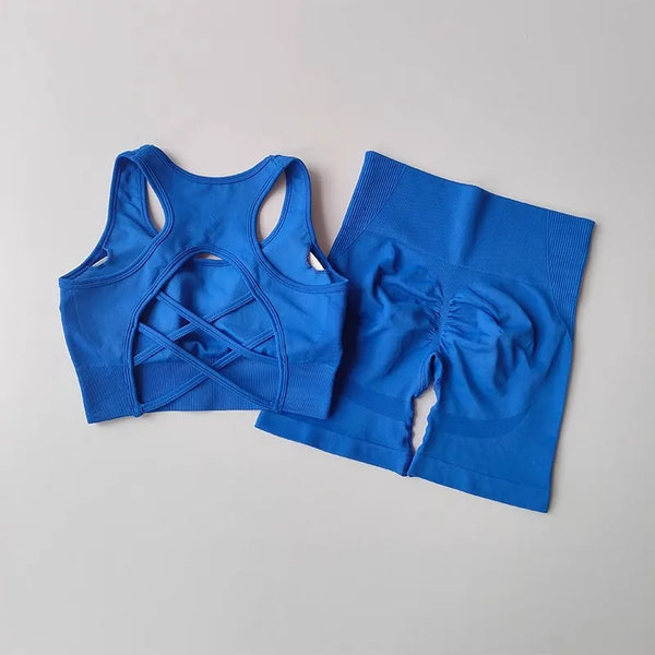Trendy Yoga Crossed Two Piece Crop Top and Bottom Set