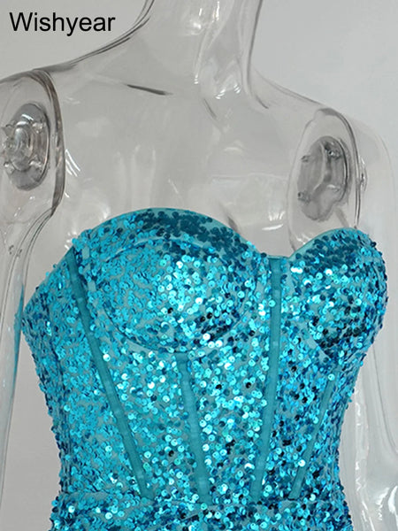Trendy Turquoise Beaded Sequin Party Mini Dress