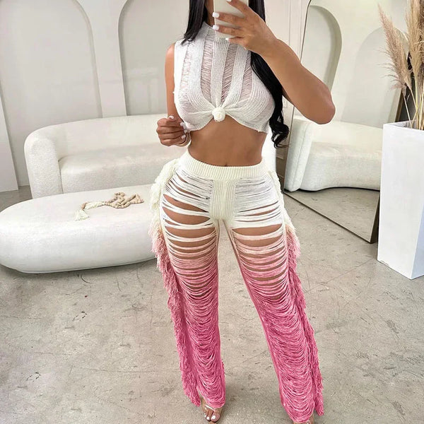 Trendy Transparent Crochet Crop Top And Bottom Set