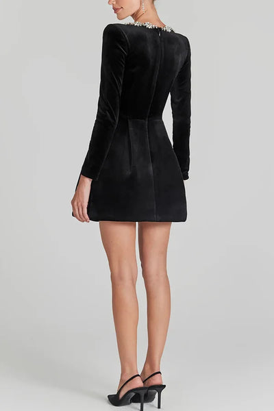 Trendy Velvet Square Beaded Collar Dress