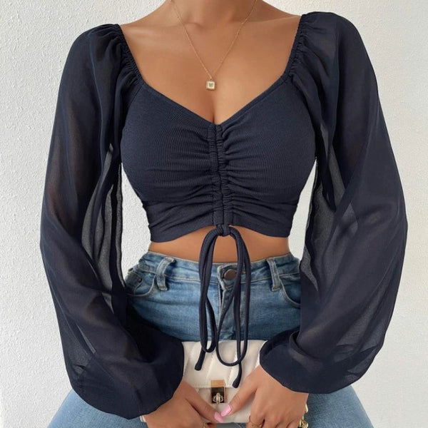 Trendy Mesh Drawstring Long Sleeve Blouse