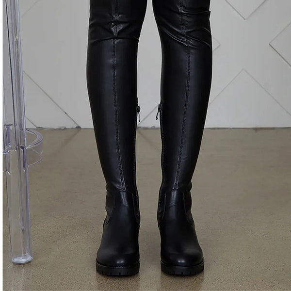 Trendy Fitted Leather Thigh High Heel Boots - TrendsetterbyTracy Boutique