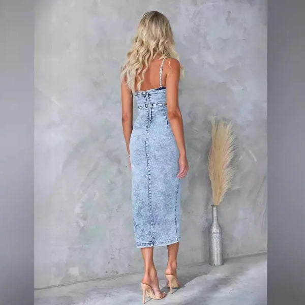Trendy Halter Hollow Out Denim Dress - TrendsetterbyTracy Boutique