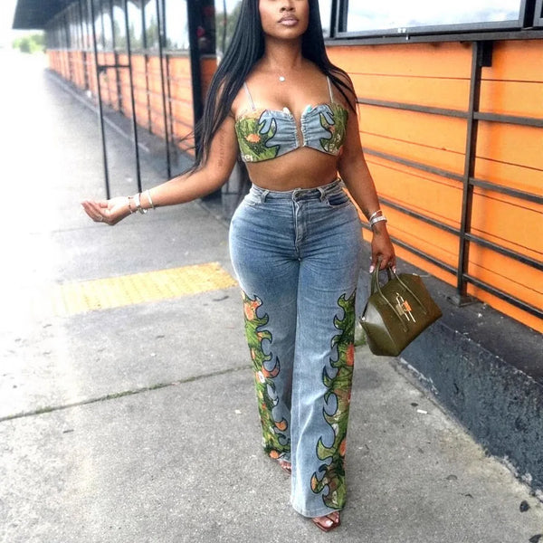 Trendy Floral Crop Top And Bottom High Waist Denim Set