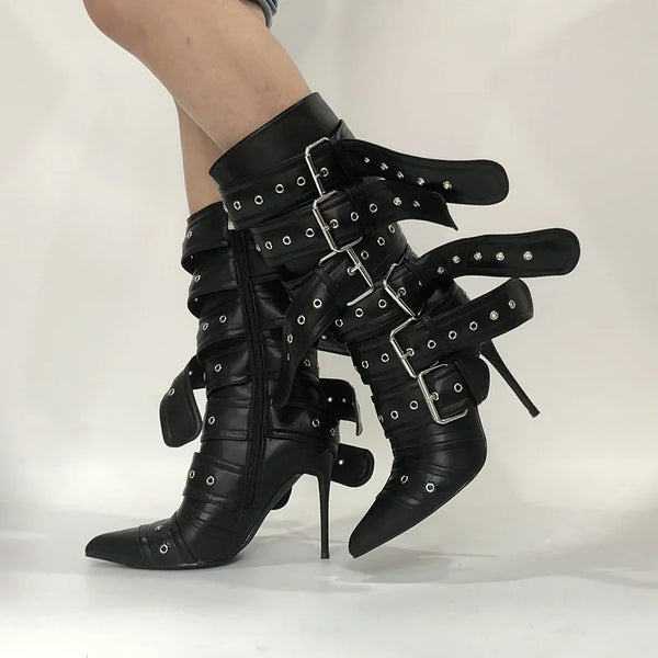 Trendy Pointed Toe Mid-Calf Buckle Strap Heel Boots - TrendsetterbyTracy Boutique