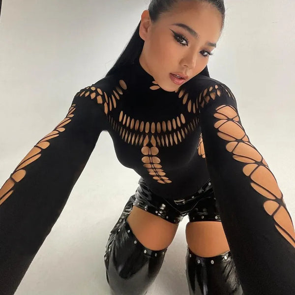 Trendy Solid Black Punk Hollow Out Bodysuits - TrendsetterbyTracy Boutique