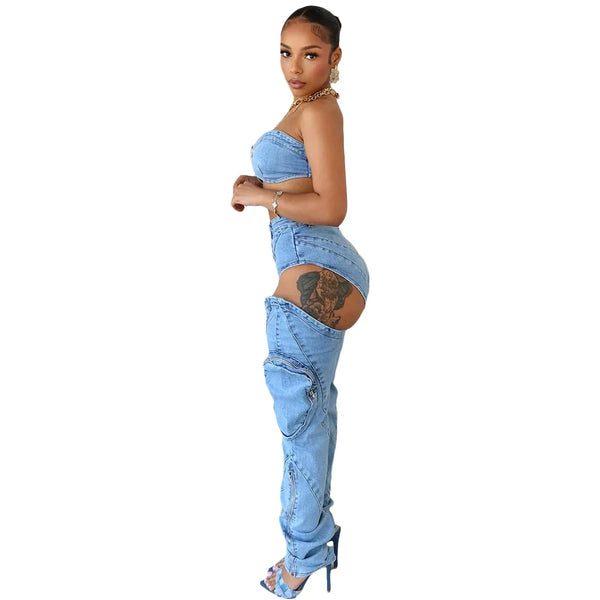 Trendy Denim Hallow Out Crop Top And Bottom Set