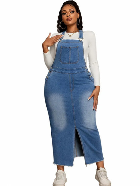Trendy Plus Size Denim Overall Jean Dress With Front Slit