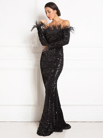 Trendy Sequin Feather Velvet Party Mermaid Dress - TrendsetterbyTracy Boutique