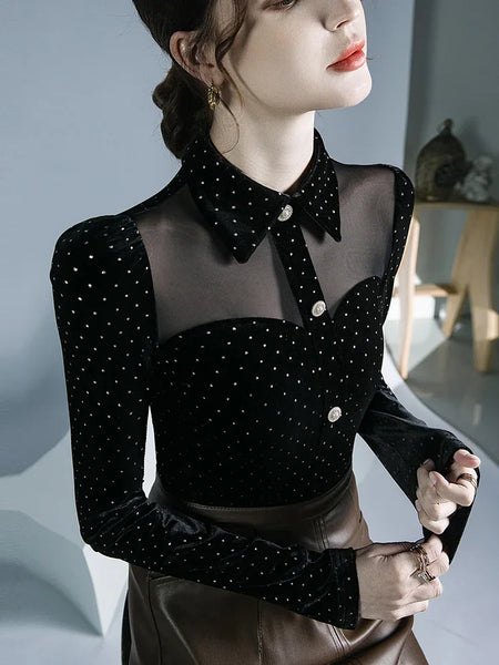 Trendy Black Polka Dot Velvet Mesh Blouse - TrendsetterbyTracy Boutique