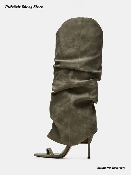 Trendy Pleated Stiletto Open Toe High Heel Boots