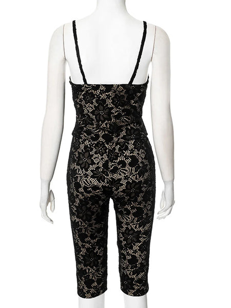 Trendy Black Lace Hollow Out Crop Top And Capri Set