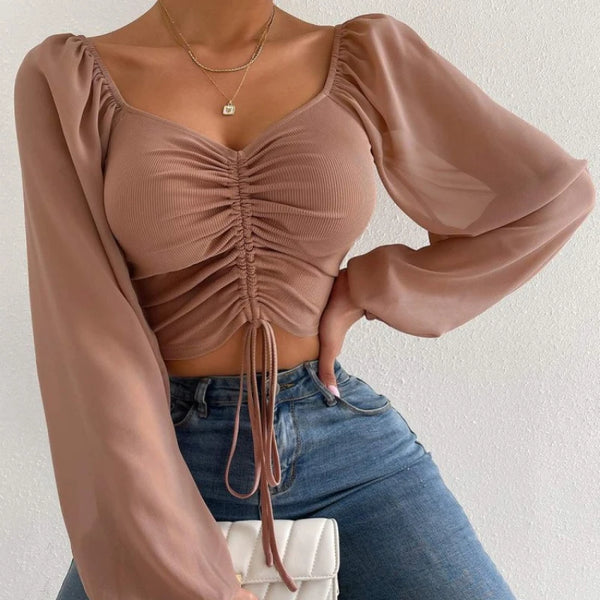 Trendy Mesh Drawstring Long Sleeve Blouse