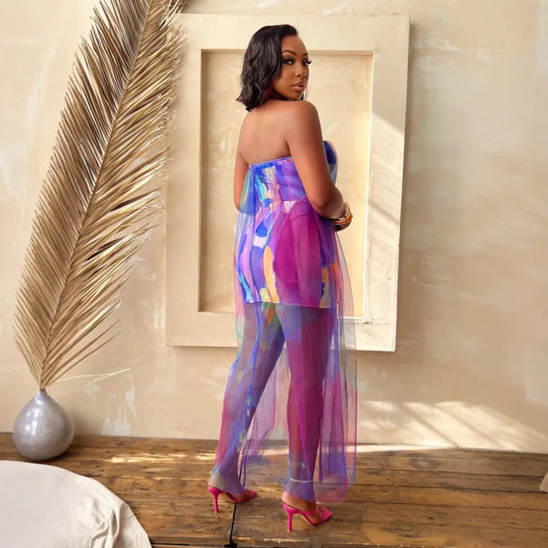 Trendy Tie Dye Print Strapless Mesh Maxi Dress