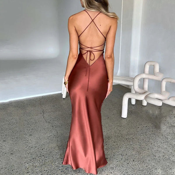 Trendy Mermaid Formal Satin Backless Lace Up Dress