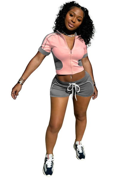 Trendy Two Tone Crop Top And Shorts Set