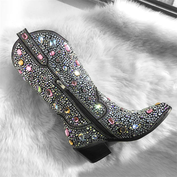 Trendy Sparkle Rhinestone Mid Calf Western Boots