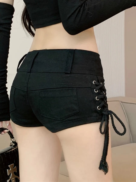 Trendy Lace Up Black Retro Shorts