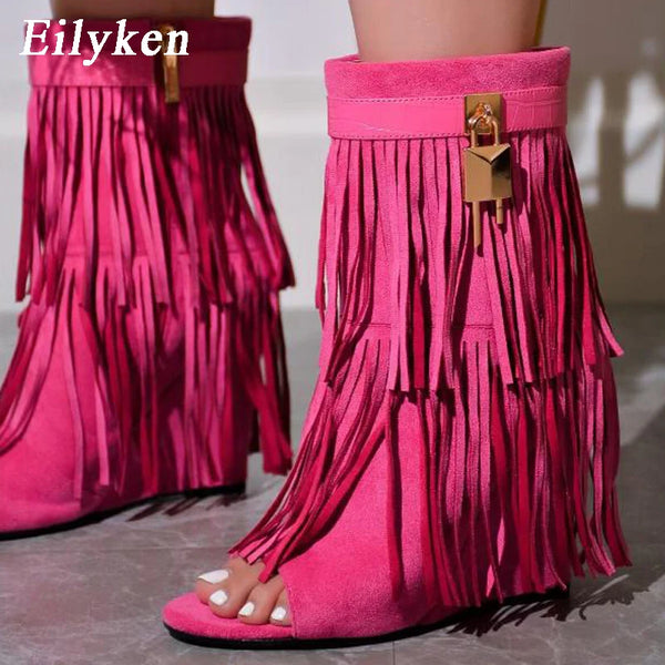 Trendy Fringe Wedge Sandals Open Toe Boots - TrendsetterbyTracy Boutique