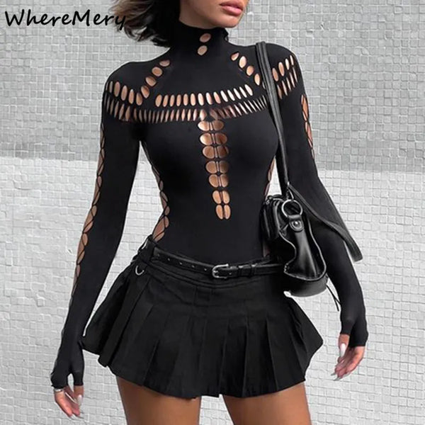 Trendy Solid Black Punk Hollow Out Bodysuits - TrendsetterbyTracy Boutique