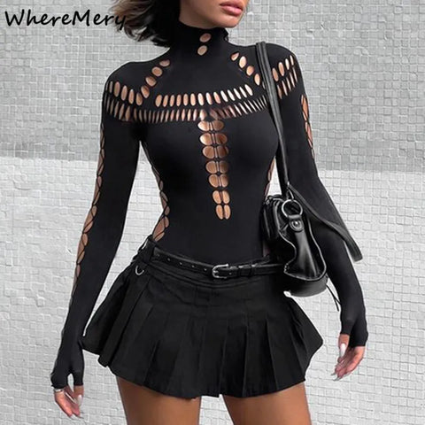 Trendy Solid Black Punk Hollow Out Bodysuits - TrendsetterbyTracy Boutique