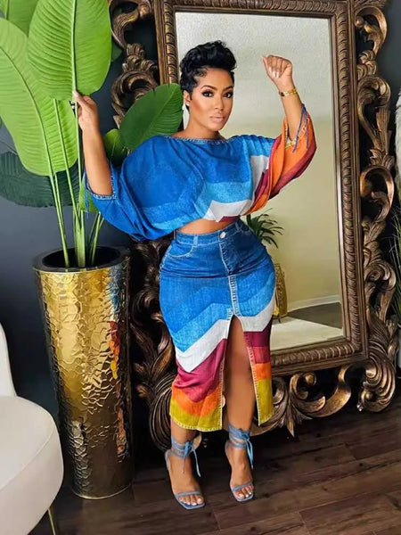 Trendy Two Piece Denim Open Split Skirt With Top