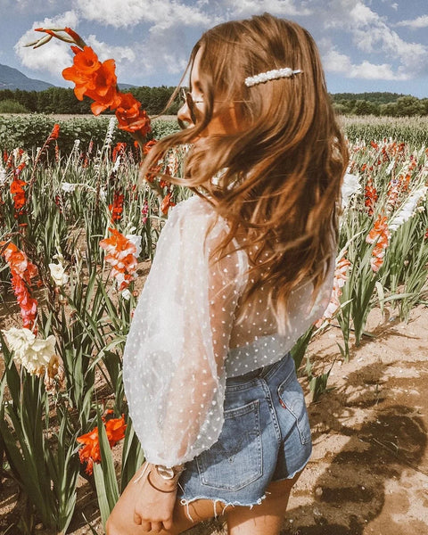 Trendy Mesh Lace Puff Polka Dot Blouse