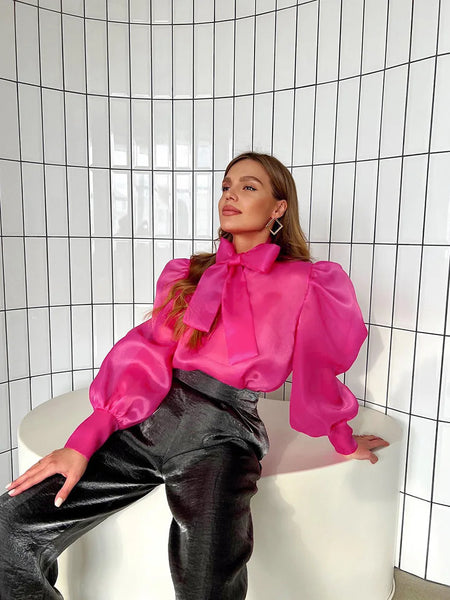 Trendy Puff Sleeve Lace Up Bowknot Collar Blouse