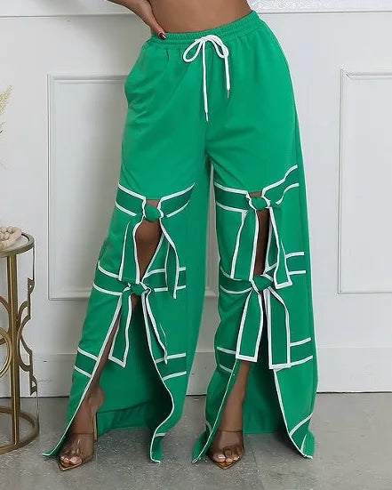 Trendy Wide Leg Hollow Out Bow Pants