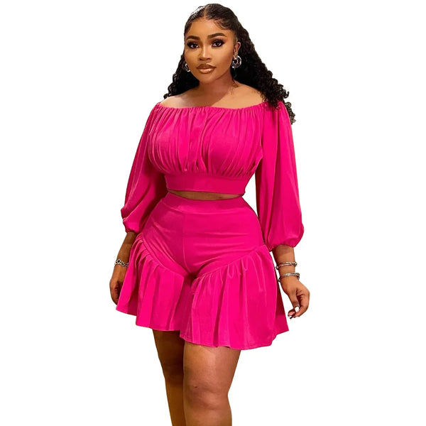Trendy Plus Size Ruffle Low Cut Crop Top And Bottom Set