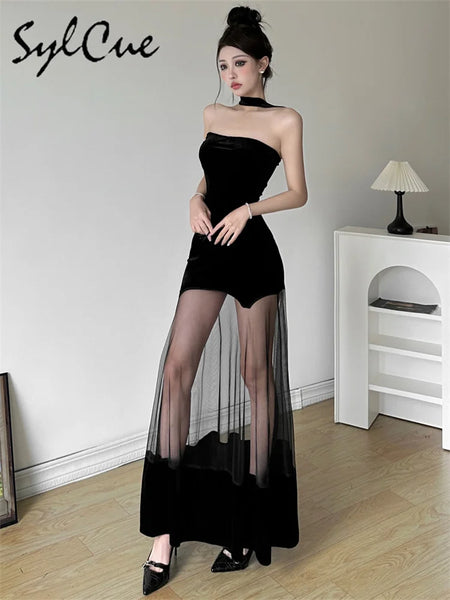 Trendy Mesh Black Halter Formal Dress