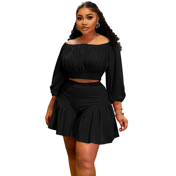 Trendy Plus Size Ruffle Low Cut Crop Top And Bottom Set