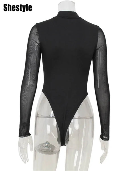 Trendy Patchwork  Mesh Transparent Bodysuit