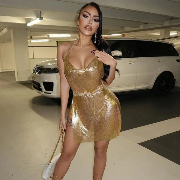 Trendy Short Hanging Backless Party Shimmer Dress