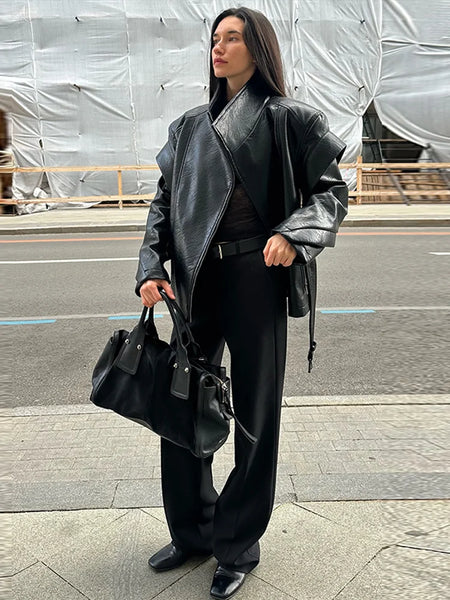 Trendy Retro Black Leather Belted Coat